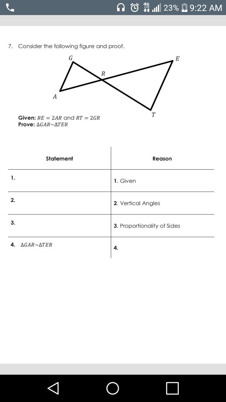 Given: RE = 2AR and RT = 2GR Prove : ∆GAR ~ ∆TER-example-1