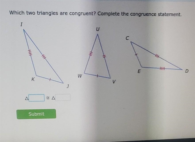 Which two triangles are congruent? Complete the congruence statement. ​-example-1