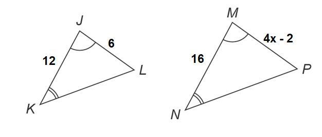 In the image, ∆JKL ~ ∆MNP. Solve for x. Show all work.-example-1