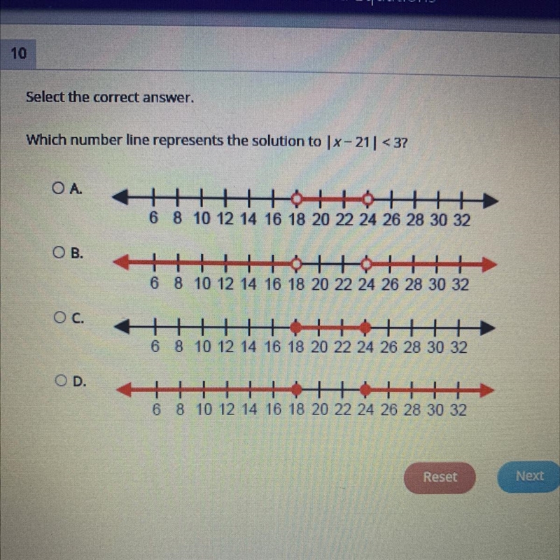 PLEASE HELP which number line represents the solution to |x-21|<3-example-1