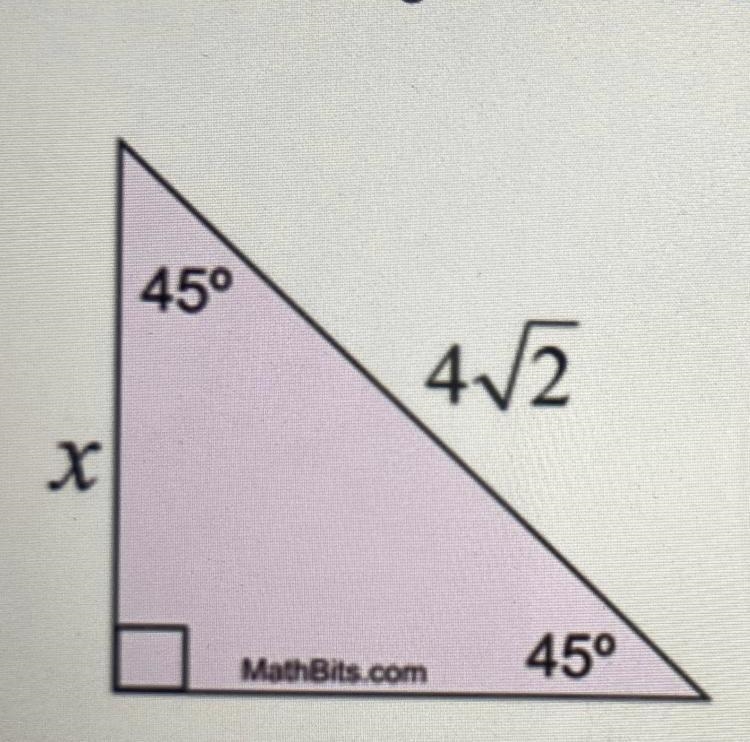 Given the diagram, as labeled, at the right.Find x. A) 4 B) 8 C) 4√2 D) 8√2-example-1