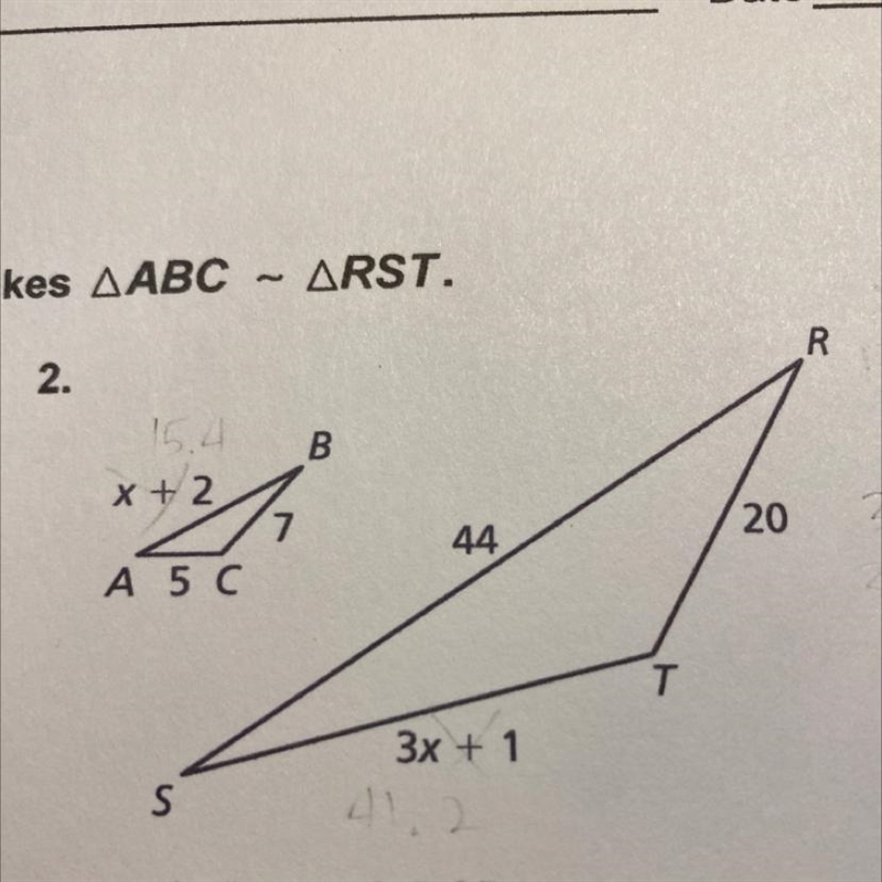 In the problem we’re supposed to find the value of x that makes ABC ~ RST I can’t-example-1