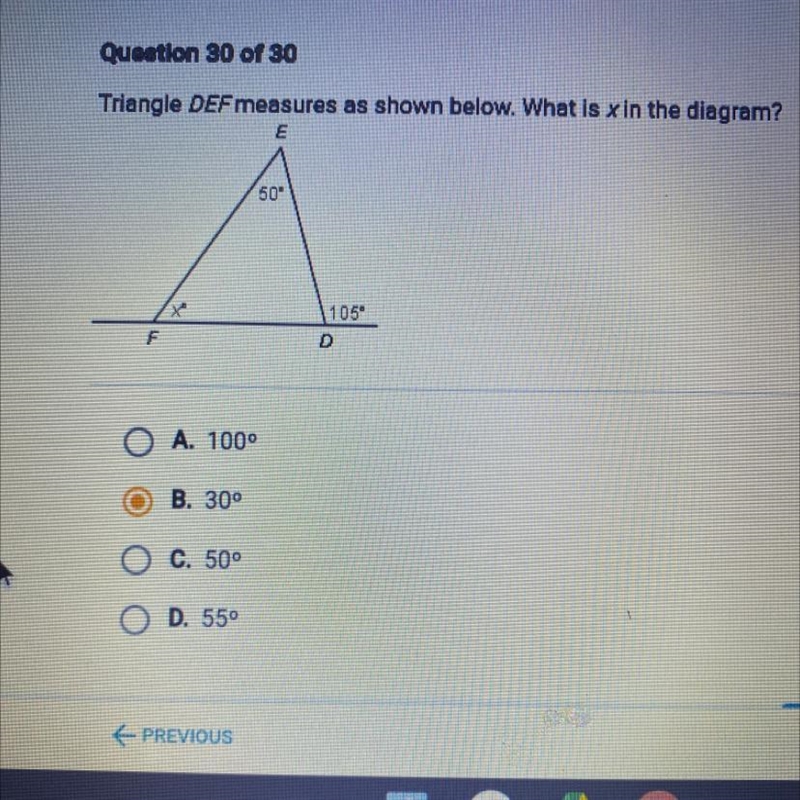 Triangle DEF measures as shown below. What is x in the diagram? E 50" 1050 F-example-1