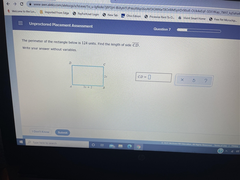 The perimeter of the rectangle below is 124 units. Find the length of side cd-example-1