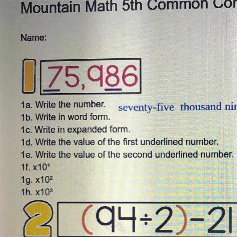 I75,986 1a. Write the number. seventy-five thousand ni 1b. Write in word form. 1c-example-1