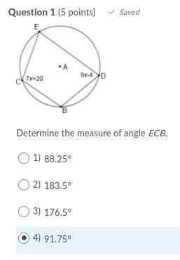 Determine the measure of angle ECB. Question 1 options: 1) 88.25° 2) 183.5° 3) 176.5° 4) 91.75°-example-1