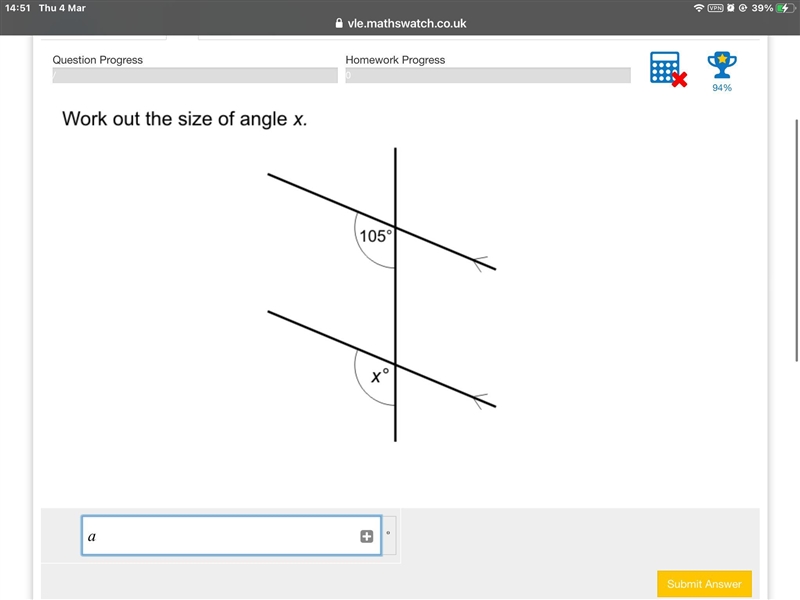 Work out the size of angle x.-example-1