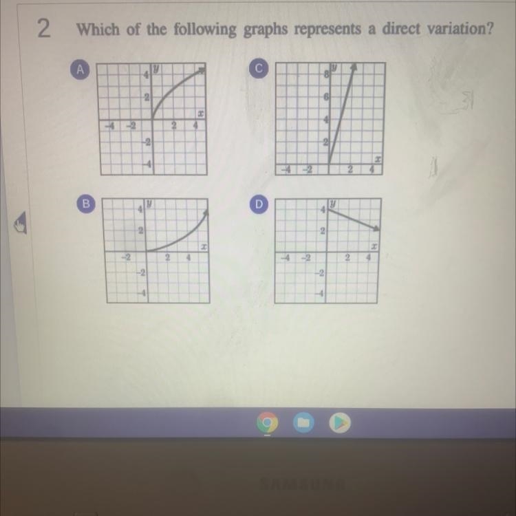 2 Which of the following graphs represents a direct variation? А С 2 -4 -2 2 4 -2 2 -2 4 B-example-1