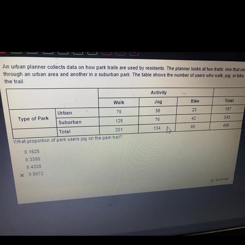 An urban planner collects data on how park trails are used by residents. The planner-example-1