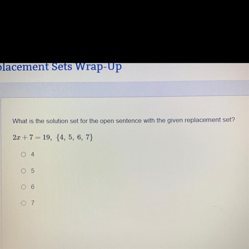 What is the solution set for the open sentence with the given replacement set?-example-1