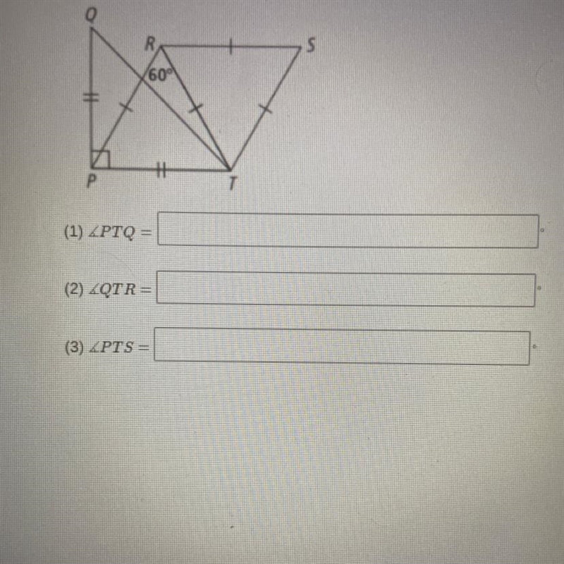 Find the measure of each angle listed below. Enter only numbers without space. (1) ∠PTQ-example-1