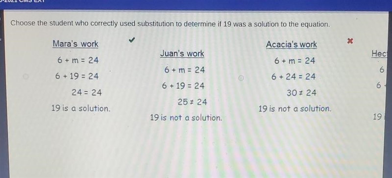 Choose the student who correctly used substitution to determine if 19 was a solution-example-1