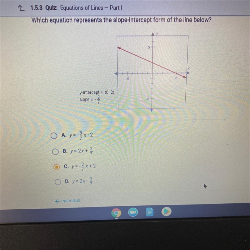 Which equation represents the slope-intercept form of the line below? 15 y-intercept-example-1