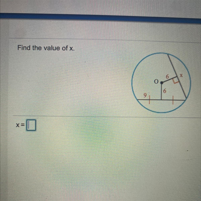 Find the value of x. 6 X 9 x=-example-1