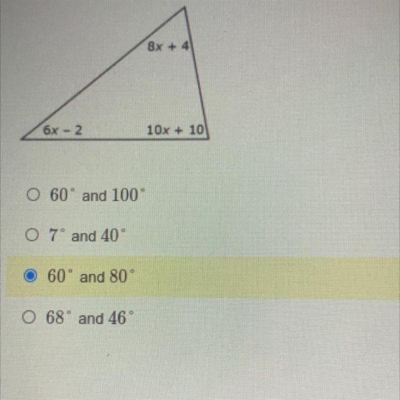 Look at the triangle below which of the following represents two of the angle measures-example-1