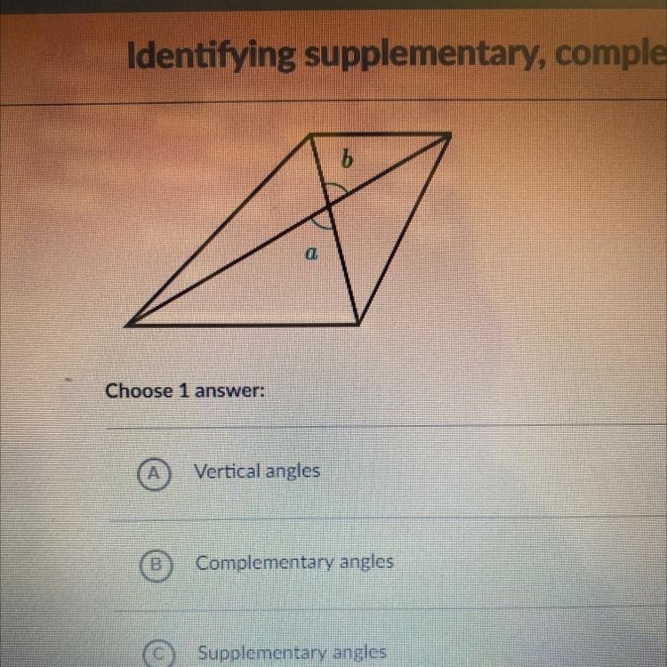 What is the relationship between angle a and angle b-example-1