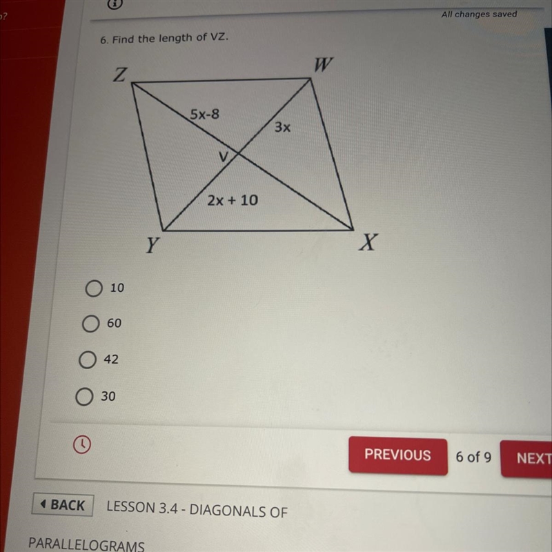 Diagonals of Parallelograms Find the length of VZ-example-1