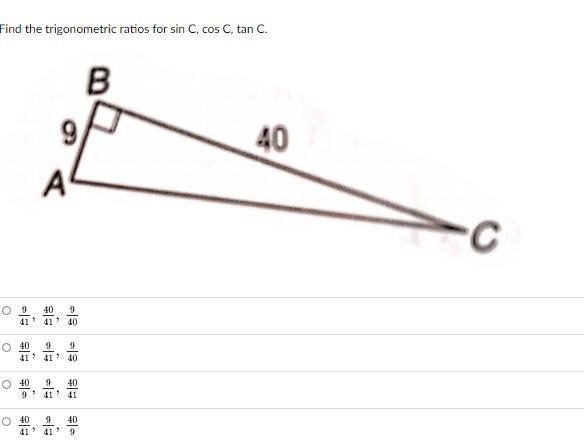 Find the trigonometric ratios for sin C, cos C, tan C.-example-1