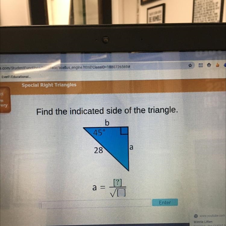 Find the indicated side of the triangle. b 45° 28 а [?] a = Please help :)-example-1