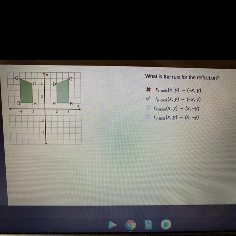 What is the rule for the reflection? Ix-axis(x, y) - (-x, y) ly-axis(x, y) - (-x, y-example-1