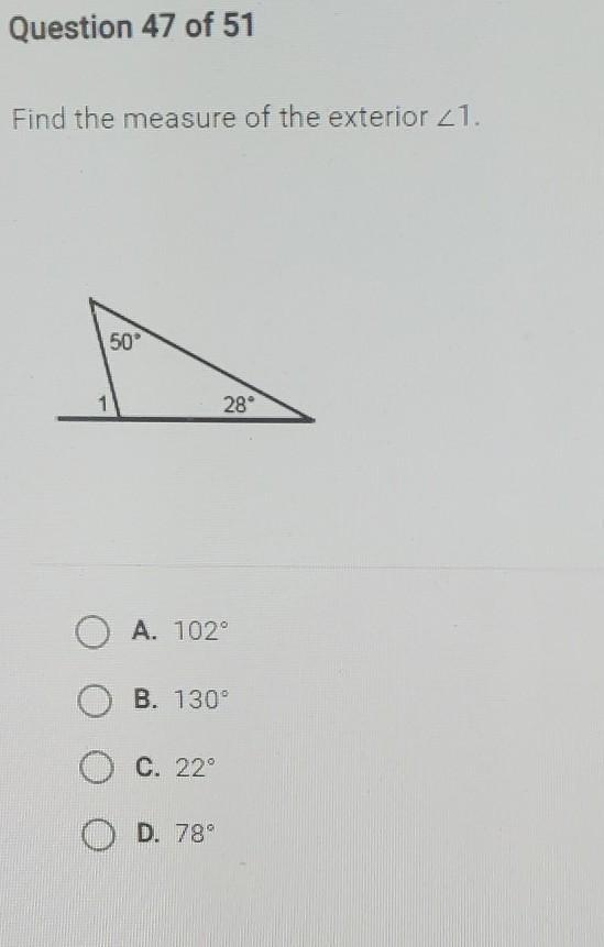 Find the measure of the exterior angle 1. with one angle is 50 degrees and 28 degrees-example-1