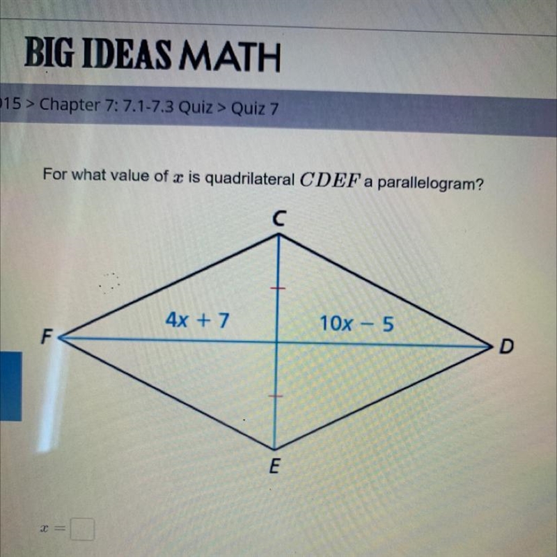 For what value of x is quadrilateral CDEF a parallelogram?-example-1