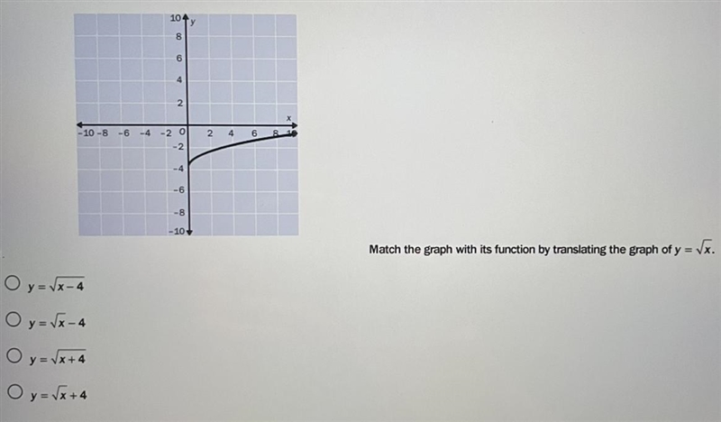 Match the graph with its function by translating the graph of y = √x.-example-1