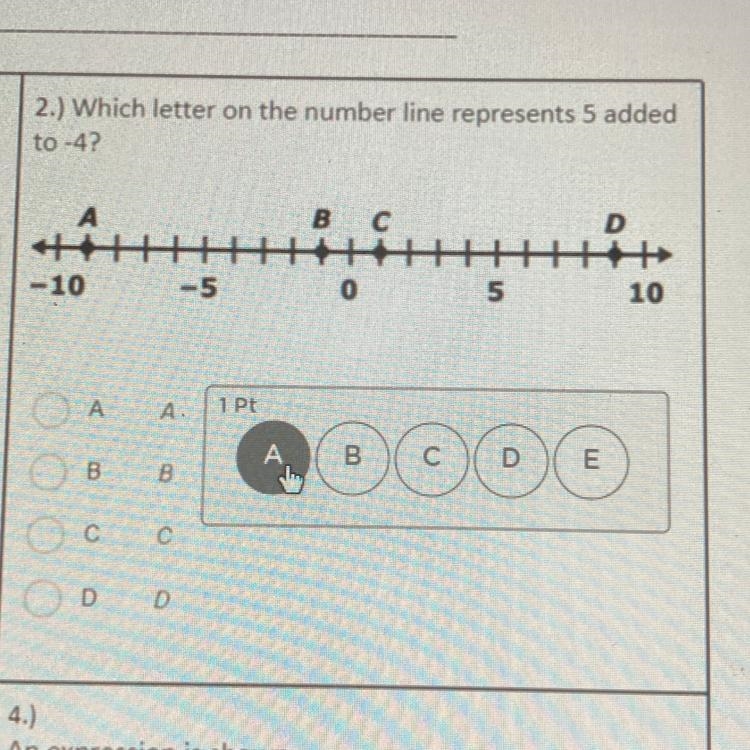 Which letter on the number line represents 5 added to -4-example-1