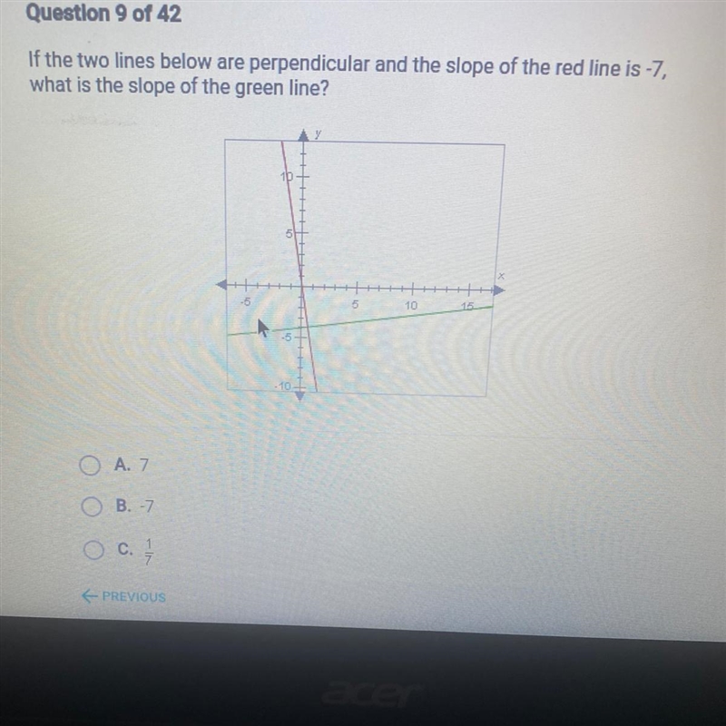 If the two lines below are perpendicular and the slope of the red line is -7, what-example-1