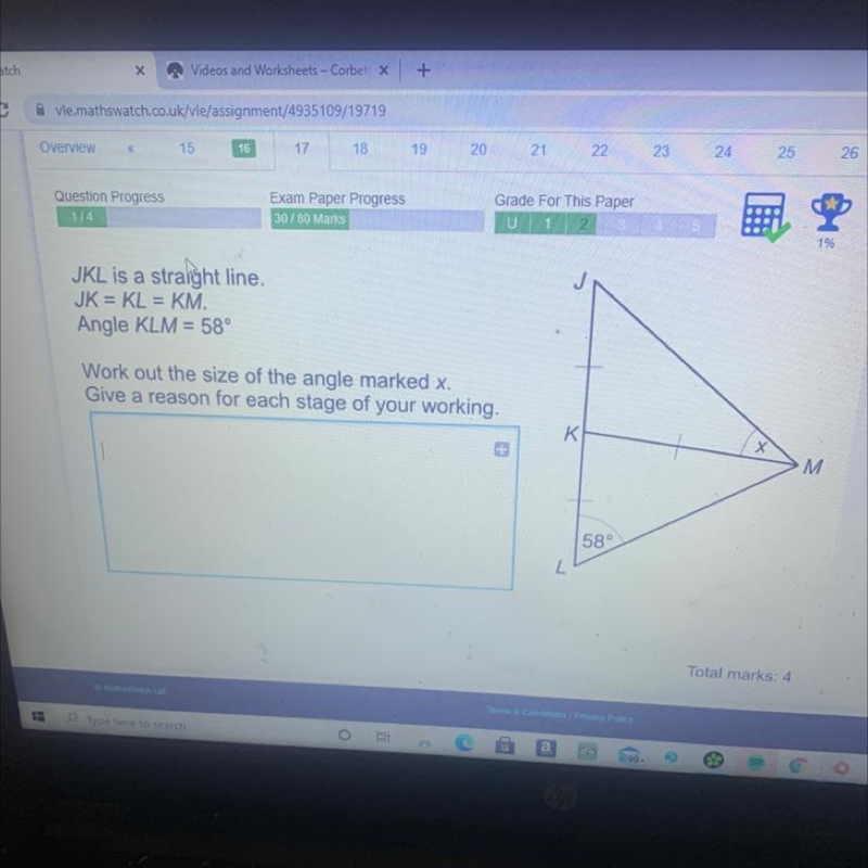 JKL is a straight line. JK = KL = KM. Angle KLM = 58° Work out the size of the angle-example-1