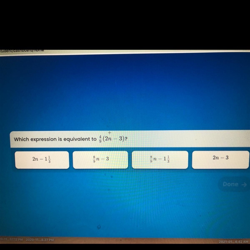 Which expression is equivalent to : (2n - 3)? icre 0-1 2n - 1 n-3 2n - 3 cred Please-example-1