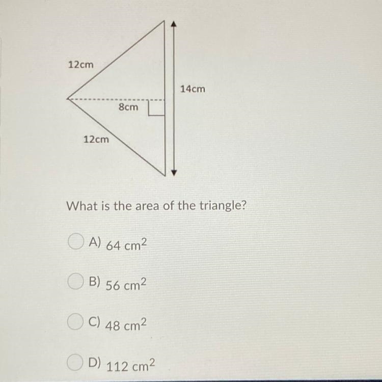 What is the area of the triangle ? A) 64 B) 56 C) 48 D) 112-example-1