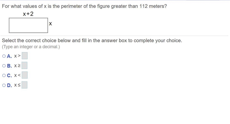 For what values of x is the perimeter of the figure greater than 112 ​meters? Select-example-1