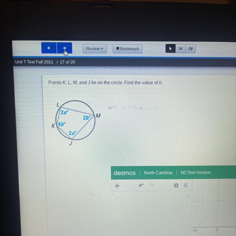 Points K, L, M, and J lie on the circle. Find the value of b.-example-1