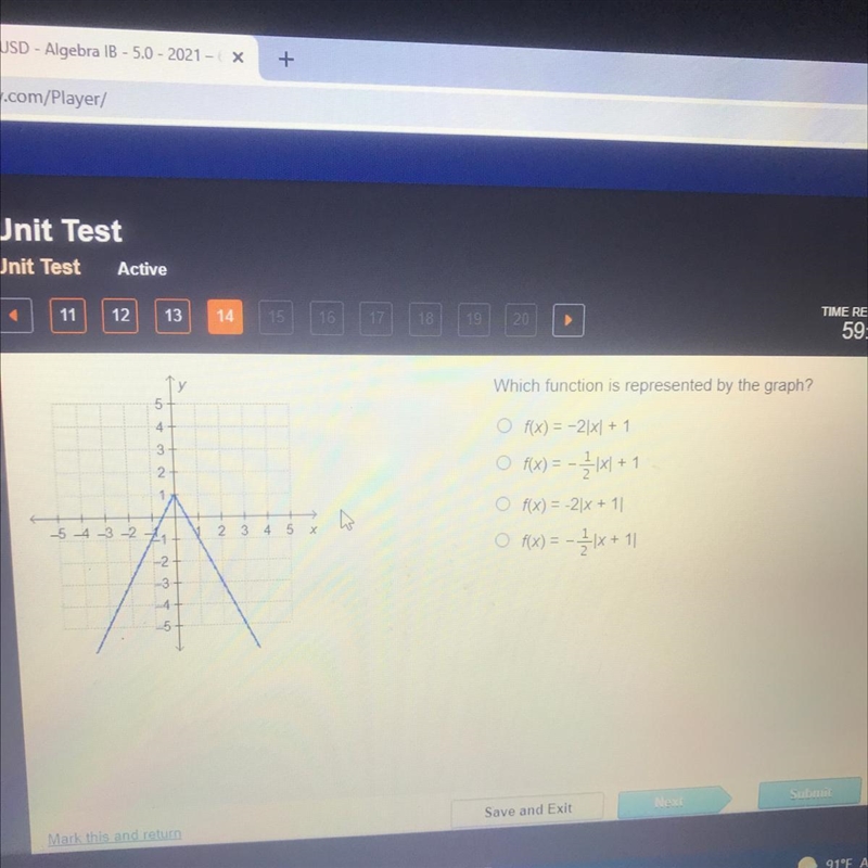 What function is represented by the graph? Of(x)=-2|x|+1 Of(x)=-1/2|x|+1 Of(x)=-2|x-example-1