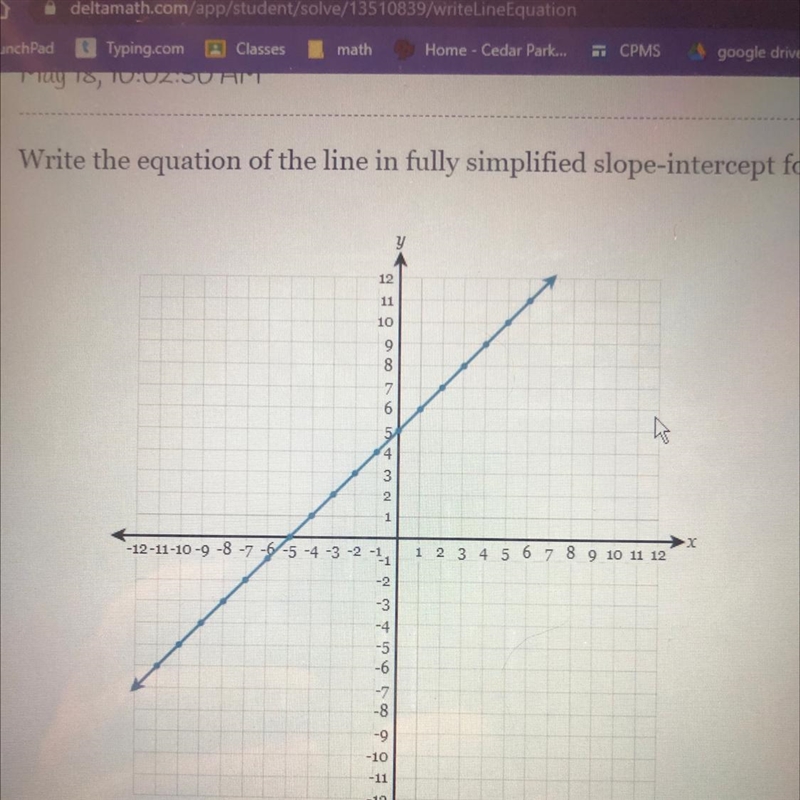 Write the equation of the line in fully simplified slope-intercept form.-example-1