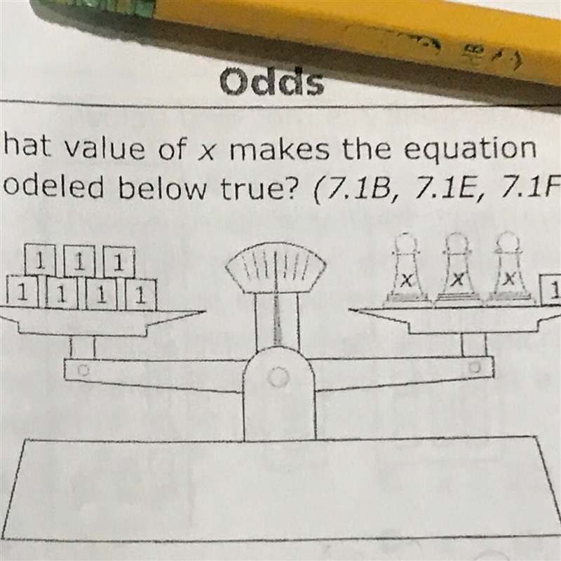 What value of x makes the equation modeled below true? A X = 1 B X 3 CX = 10 DX = 2-example-1