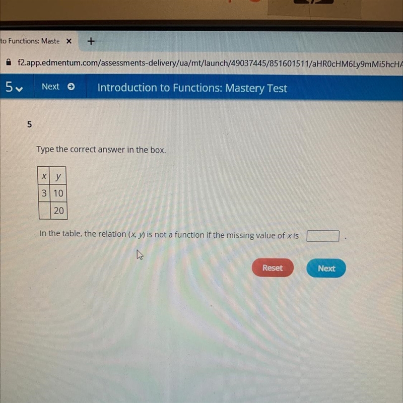 5 Type the correct answer in the box. ху 3 10 20 In the table, the relation (x, y-example-1