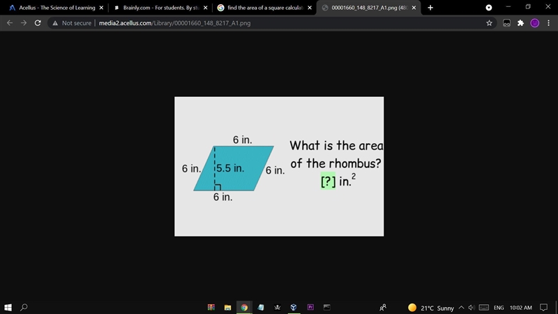 6 in. what is the area of the rhombus ? in..? 6 in. 6 in. 15.5 in. 6 in.-example-1