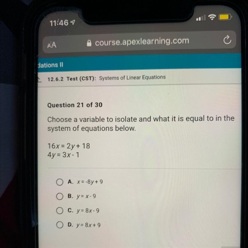 Choose a variable to isolate and what it is equal to in the system of equations below-example-1