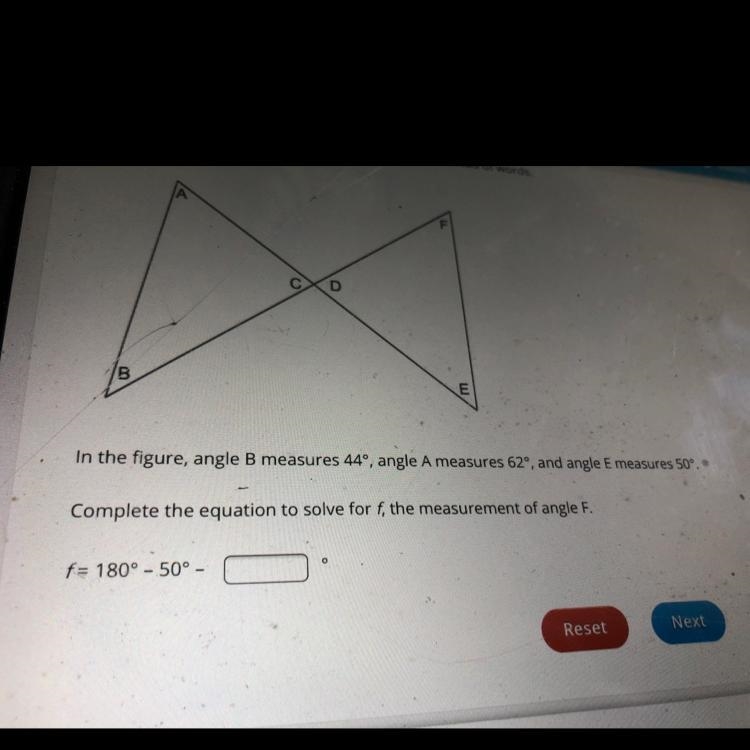 А D B In the figure, angle B measures 44º, angle A measures 62', and angle E measures-example-1