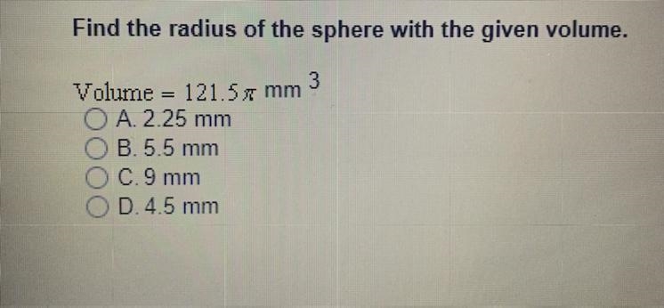 Find the radius of the sphere with the given volume.-example-1