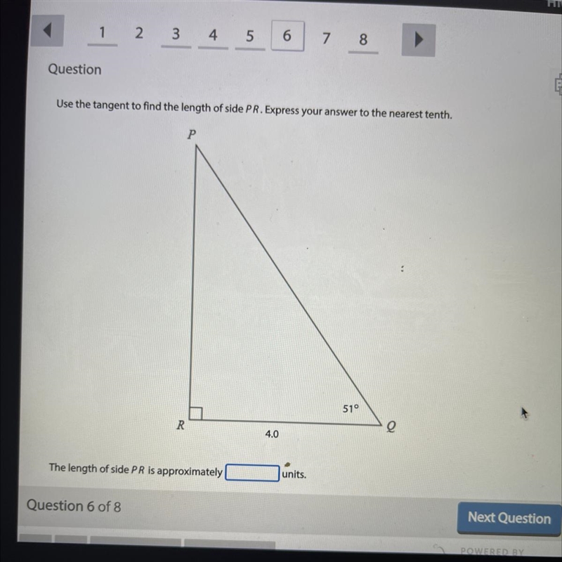 Use the tangent to find the length of side PR.Express your answer to the nearest tenth-example-1