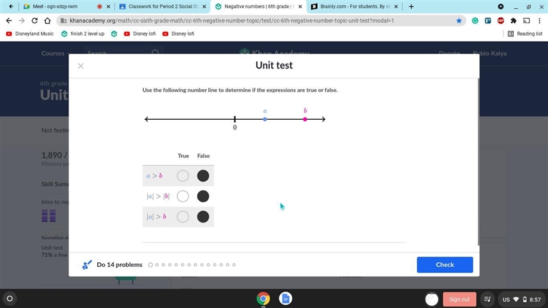 Use the following number line to determine if the expressions are true or false.-example-1