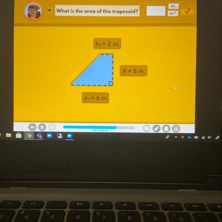 What is the area of this trapezoid? b2=2 in. h = 5 in. bi = 6 in.-example-1