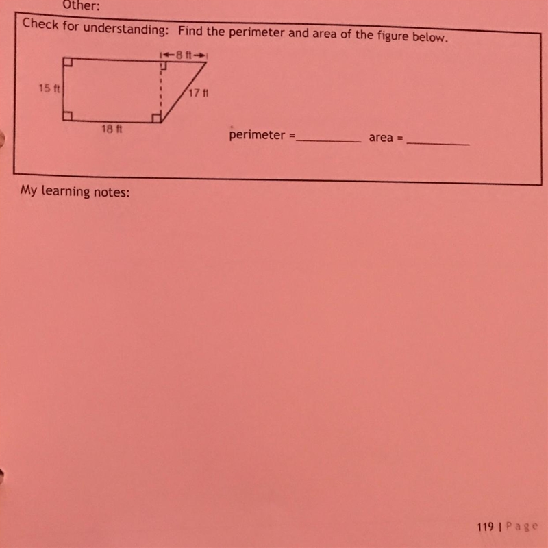 Check for Understanding: Find the perimeter and area of the figure below.-example-1