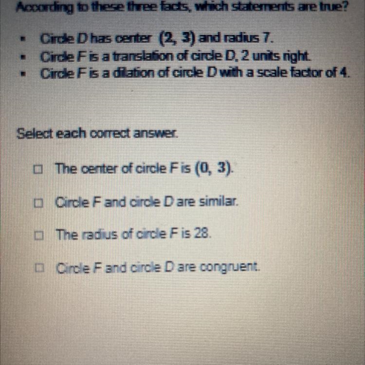 According to these three facts, which statements are true? Circle D has center (2, 3) and-example-1