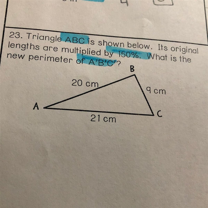 Triangle ABC is shown below. Its original lengths are multiplied by 150%. What is-example-1