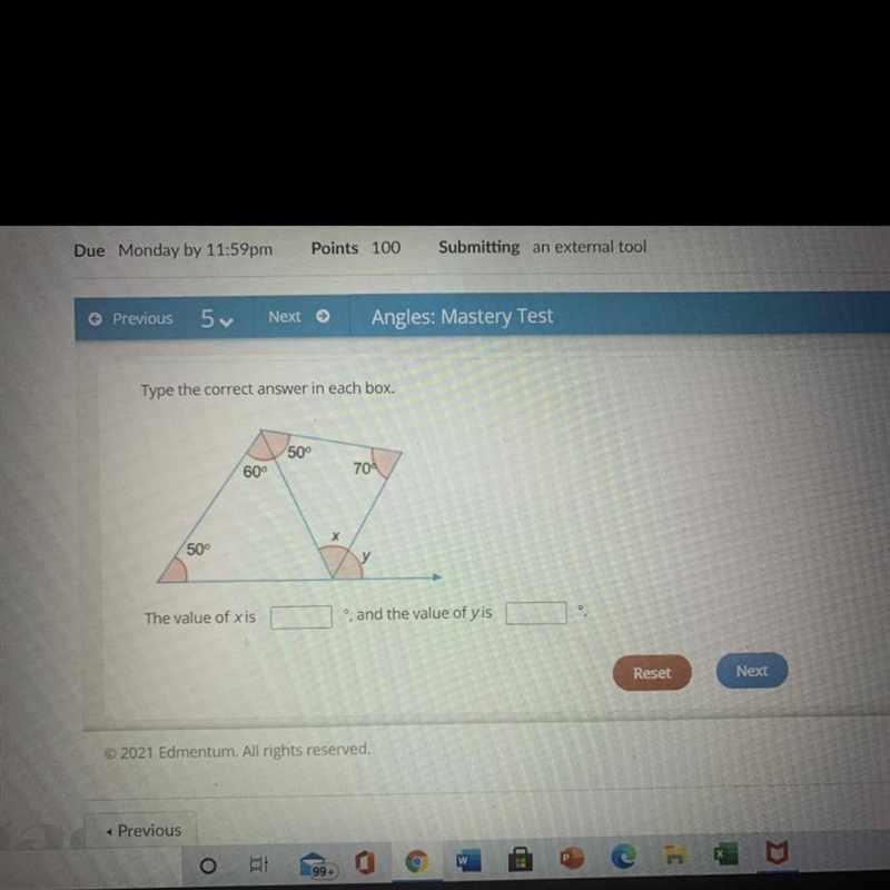 Type the correct answer in each box. 50° 60° 709 х 50° The value of xis °, and the-example-1