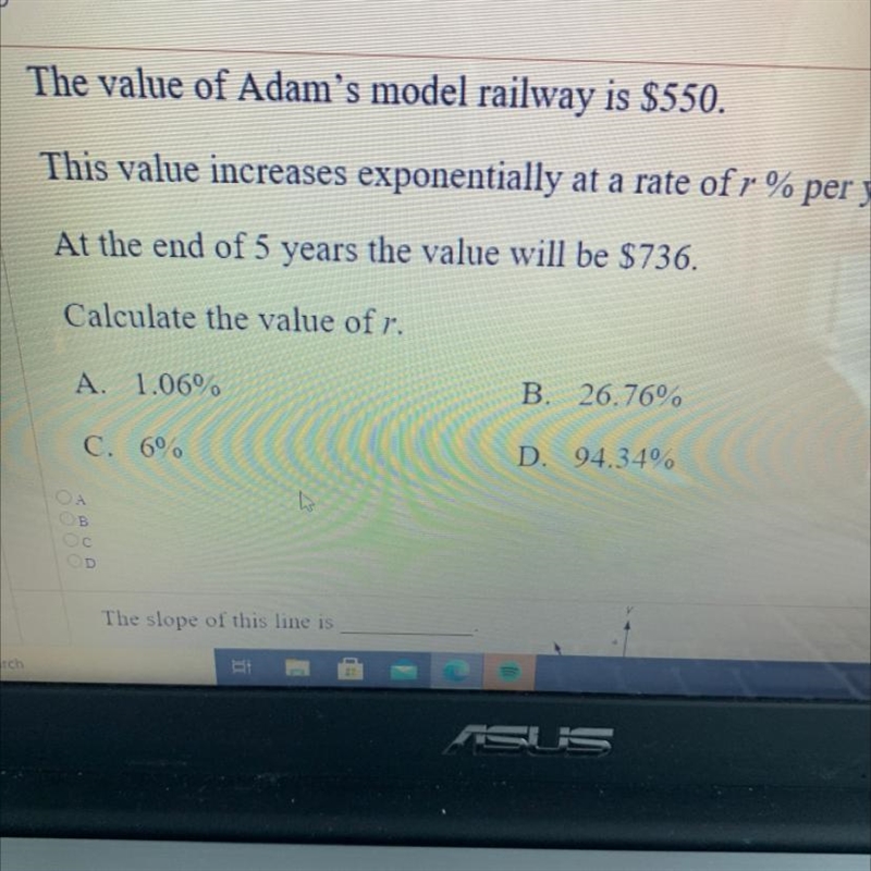 The value of Adam's model railway is $550. This value increases exponentially at a-example-1